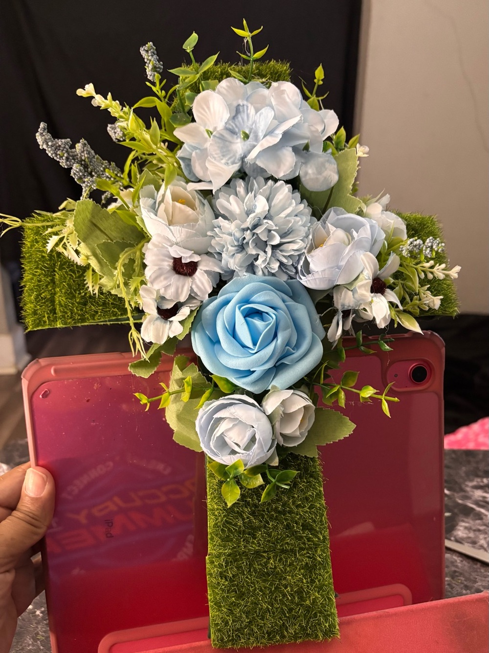 Hand Crafted Blue and White Faux Floral Cross Accent
